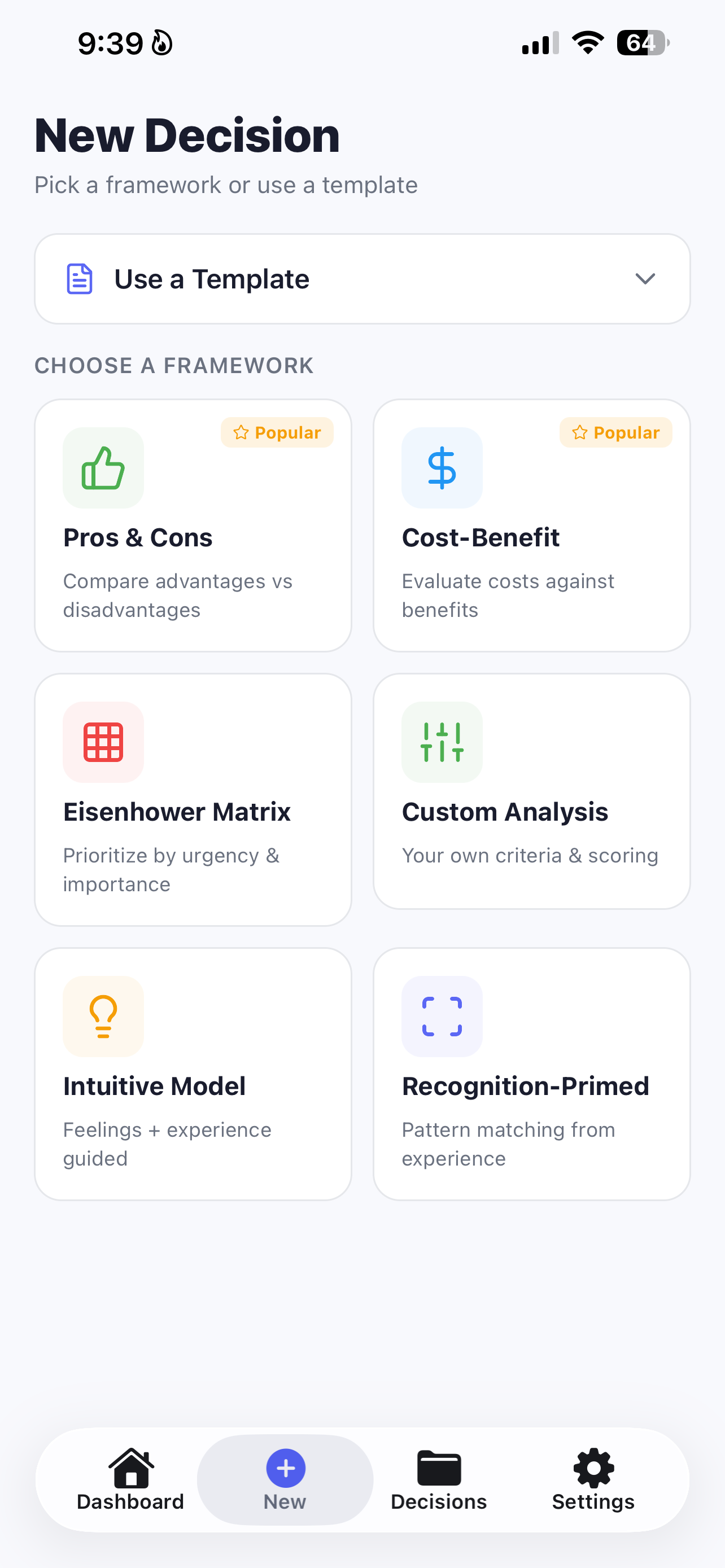 Choosing a decision framework in DecisionFlow — Pros and Cons, Cost-Benefit, Eisenhower Matrix, Custom Analysis, Intuitive Model, or Recognition-Primed