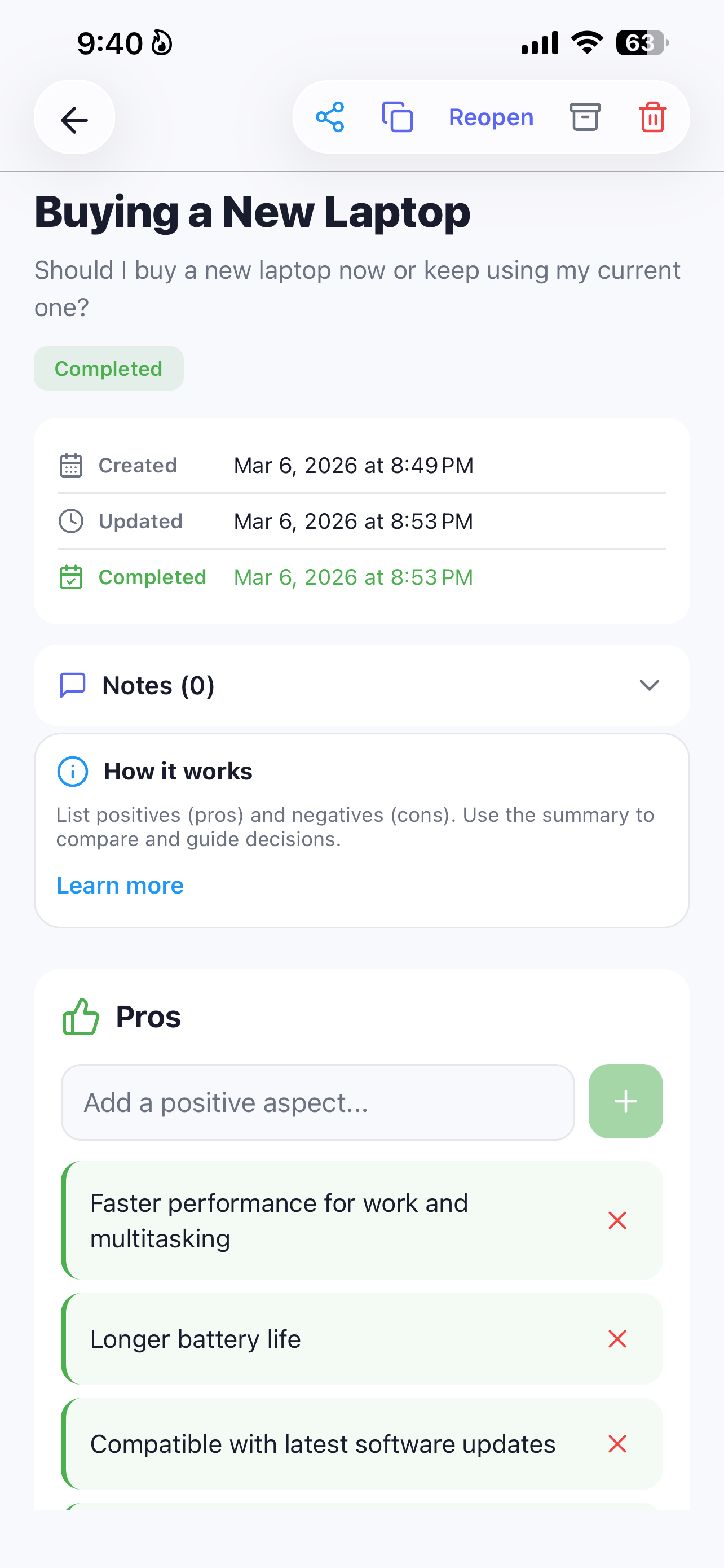 A completed Pros and Cons decision in DecisionFlow about buying a new laptop