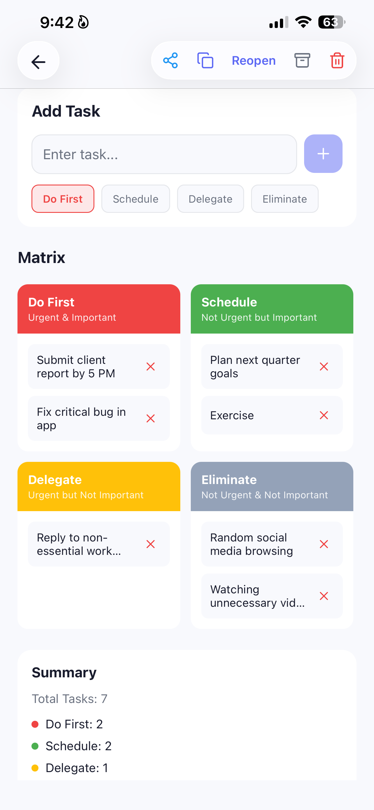 A filled-out Eisenhower Matrix in DecisionFlow with Do First, Schedule, Delegate, and Eliminate quadrants