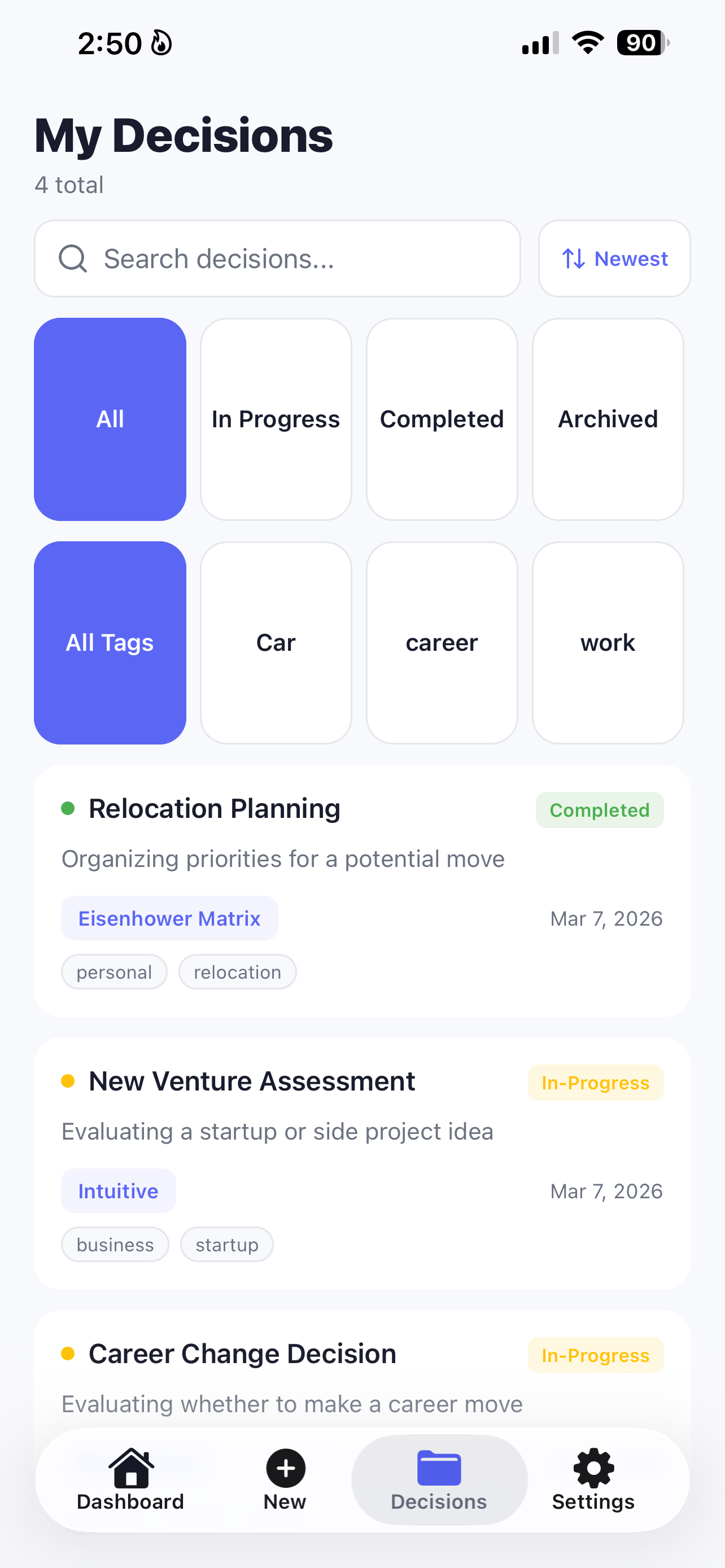 My Decisions list in DecisionFlow showing all past and in-progress decisions with tags and frameworks used