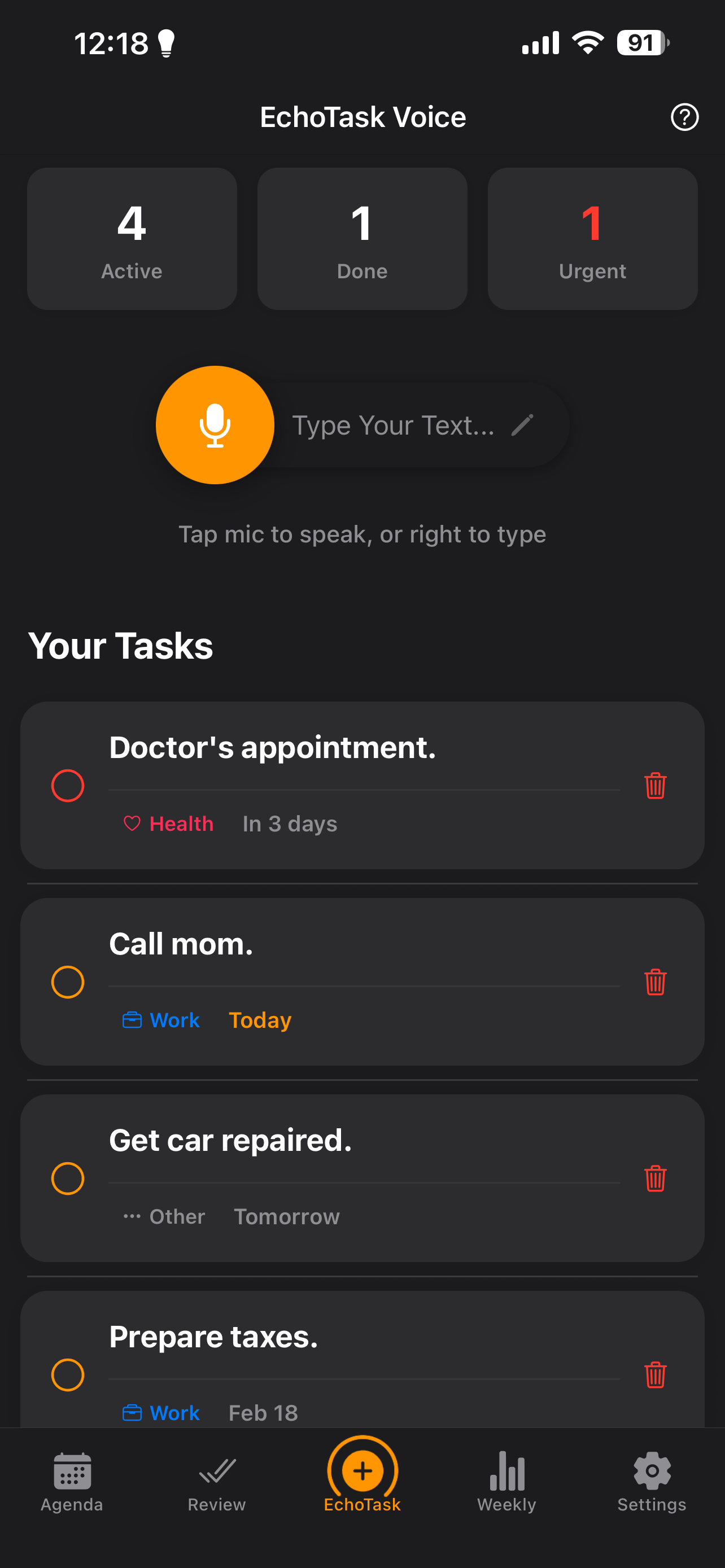 EchoTask Voice home screen with Active, Done, and Urgent task counts, a mic button, and a list of tasks
