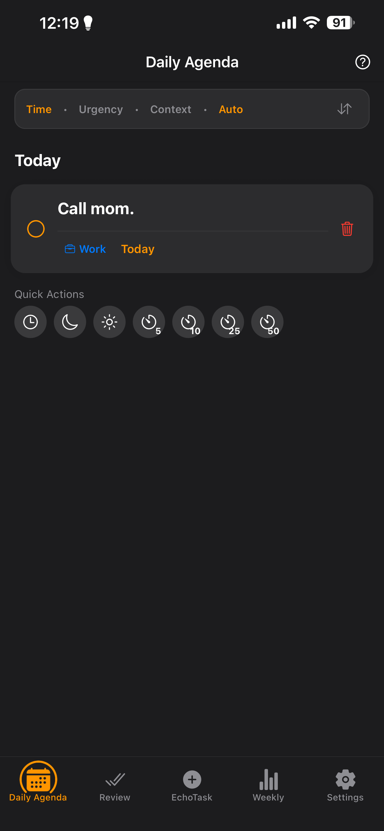 EchoTask Daily Agenda view showing today's task with quick focus timer actions