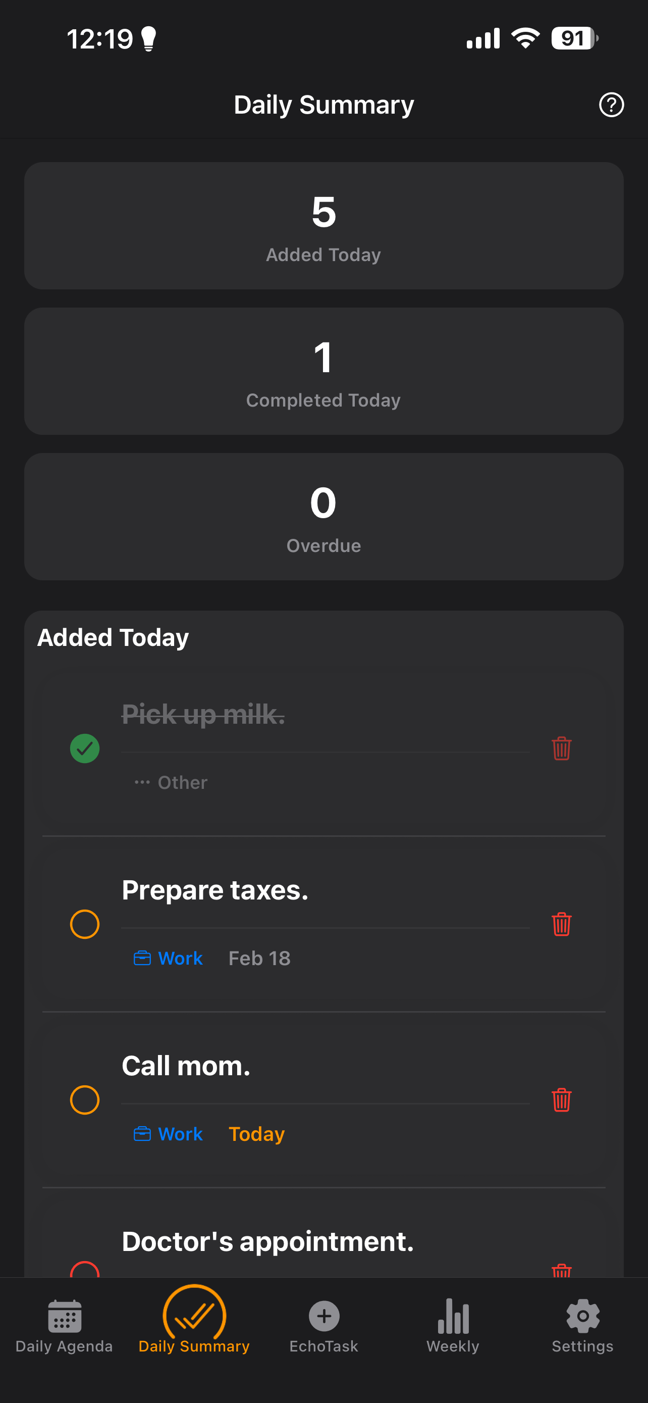 EchoTask Daily Summary screen showing tasks added and completed today