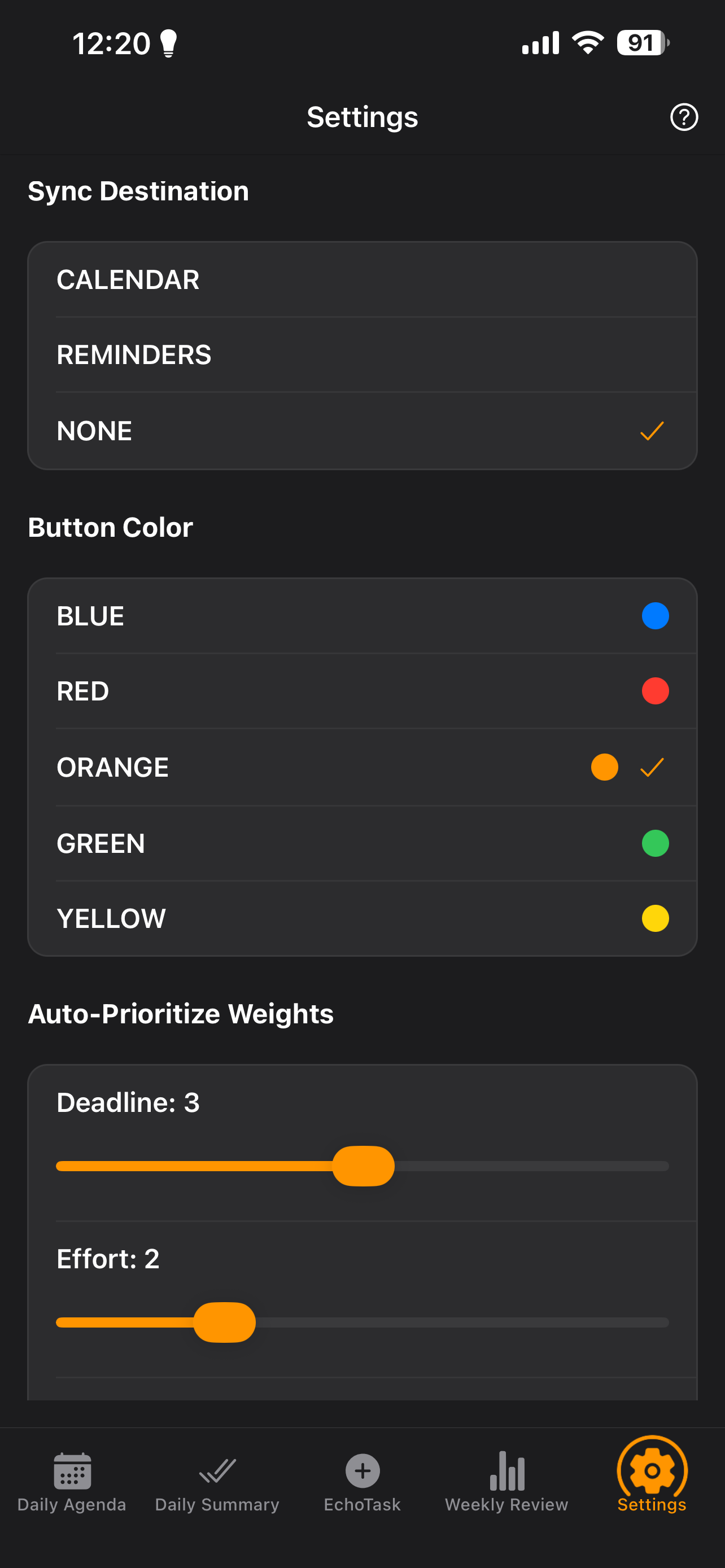 EchoTask Settings screen for syncing tasks to Apple Calendar or Reminders