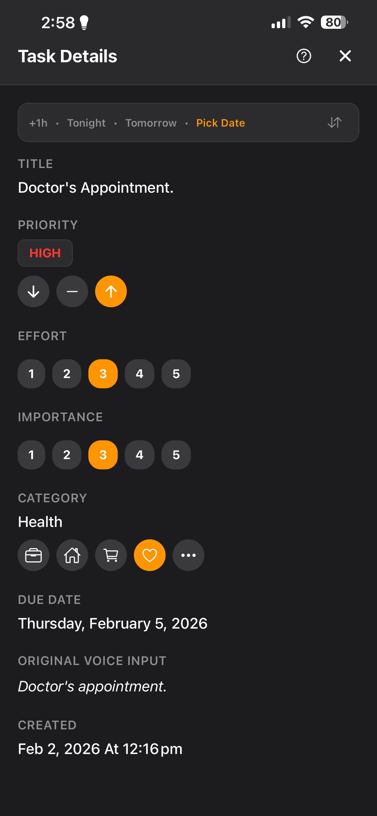 EchoTask task detail screen showing priority, effort, importance, category, and the original voice input