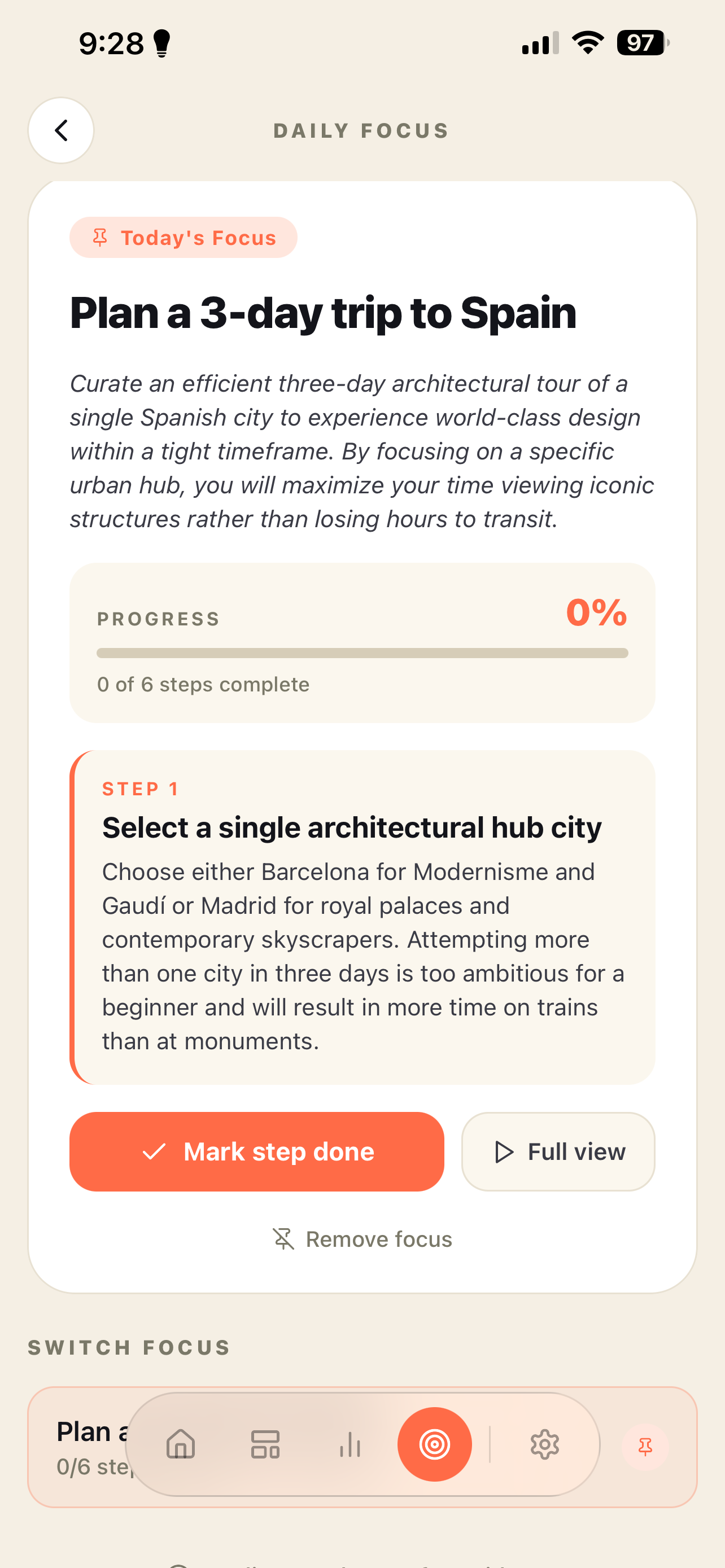 Daily focus screen showing today's most important task