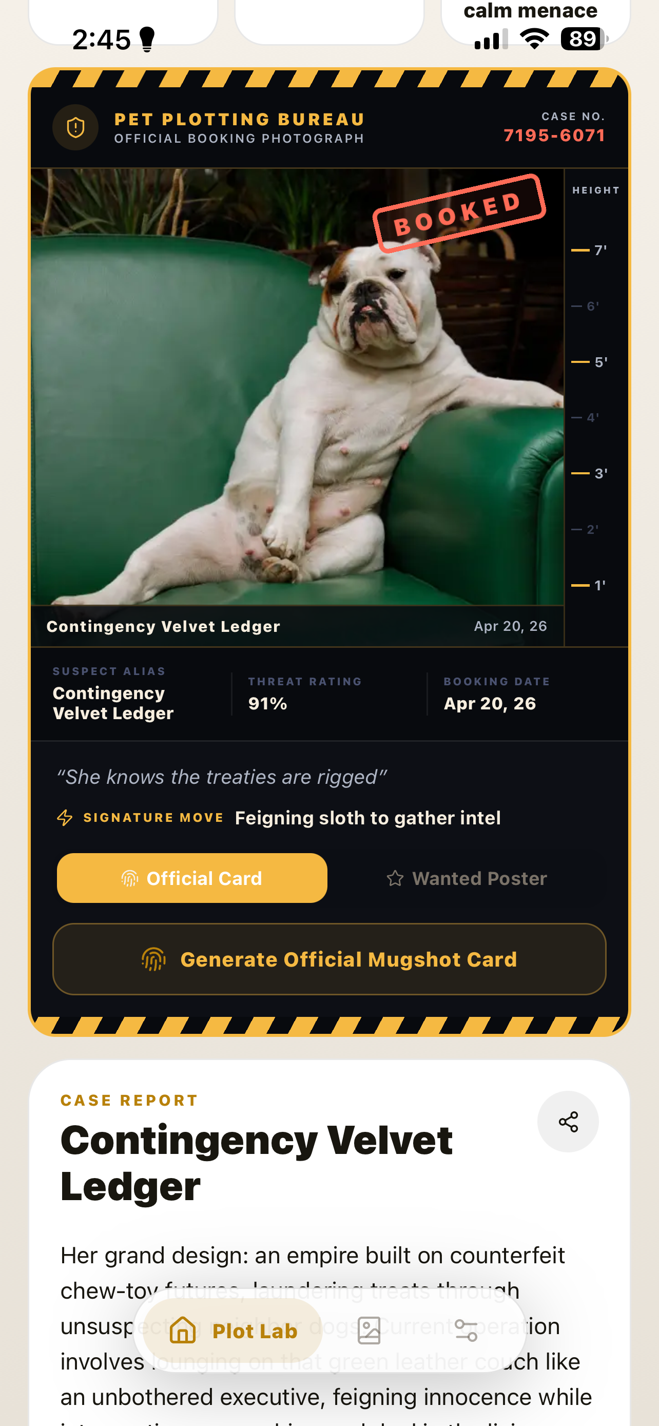 Detailed AI pet case report with Mastermind Meter and formal charges