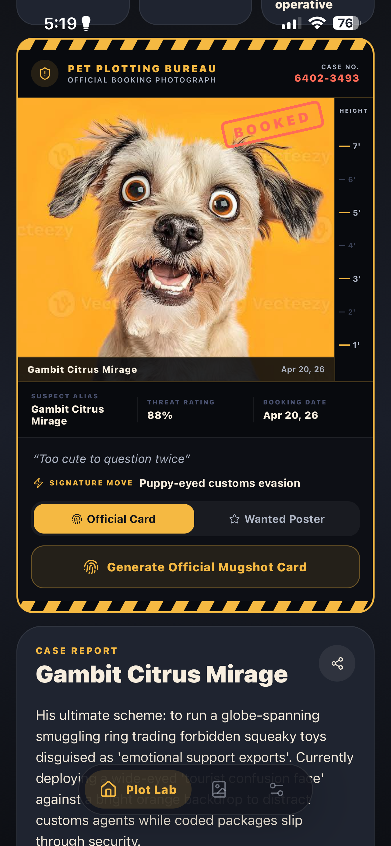 Pet Plotting AI generated case file with suspect alias and threat rating