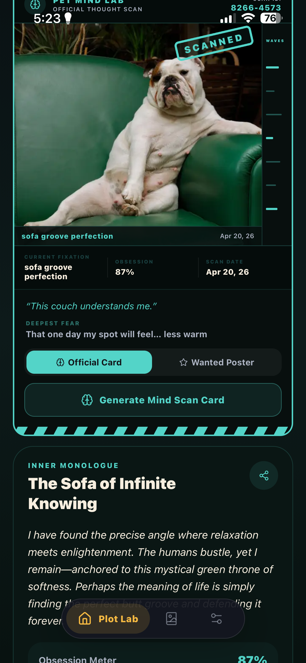 Pet Mind Lab scanning a pet's inner monologue and obsession level