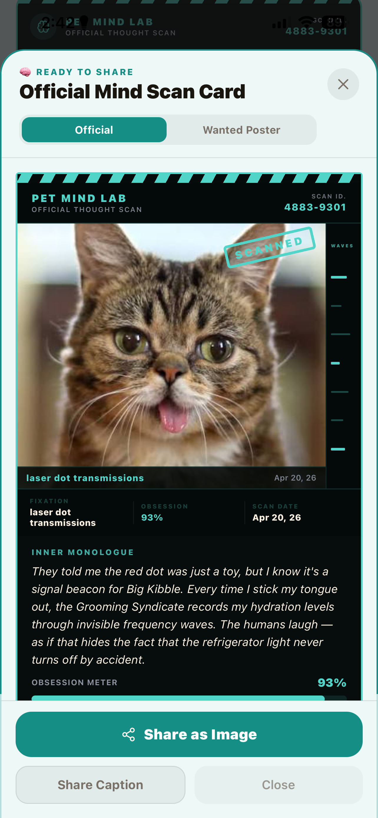 Shareable Mind Scan Card and Wanted Poster from Pet Plotting