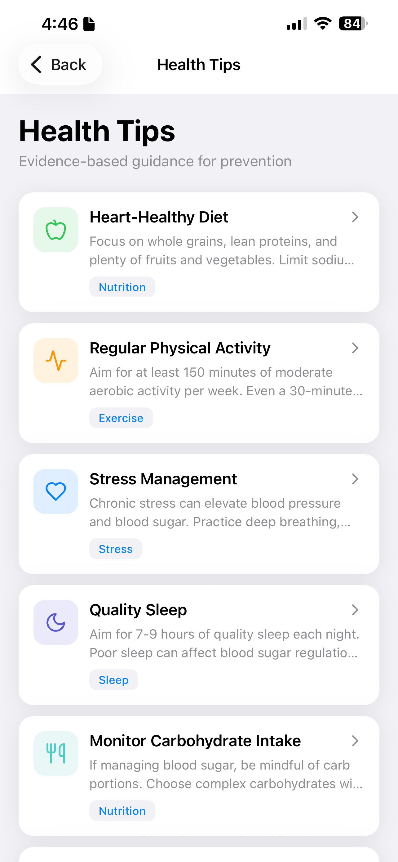 PrevenTab Health Tips screen with evidence-based guidance on diet, exercise, stress, and sleep