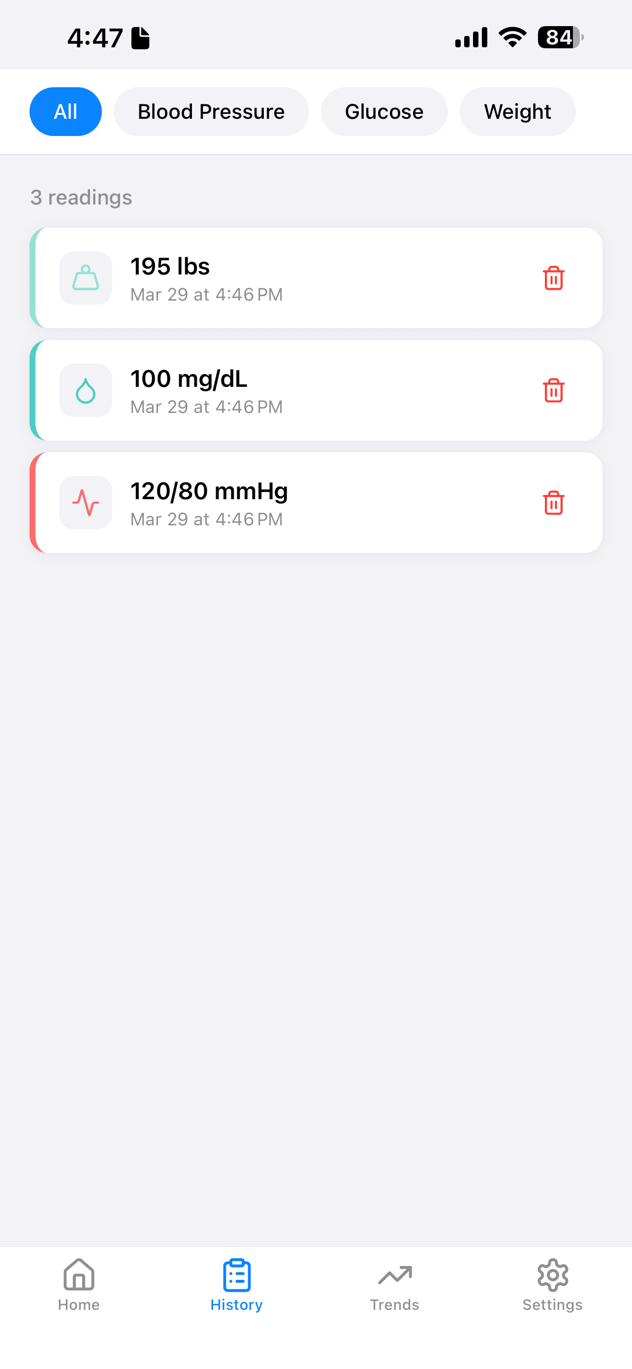 PrevenTab History screen listing all logged blood pressure, glucose, and weight readings