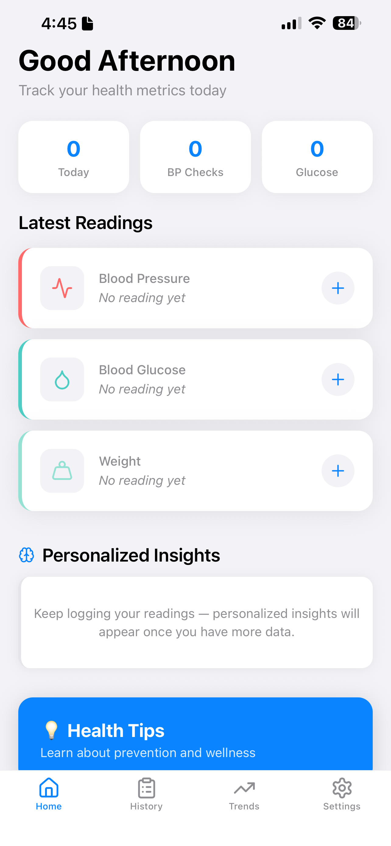 PrevenTab home screen before logging any readings, with quick-add buttons for blood pressure, glucose, and weight