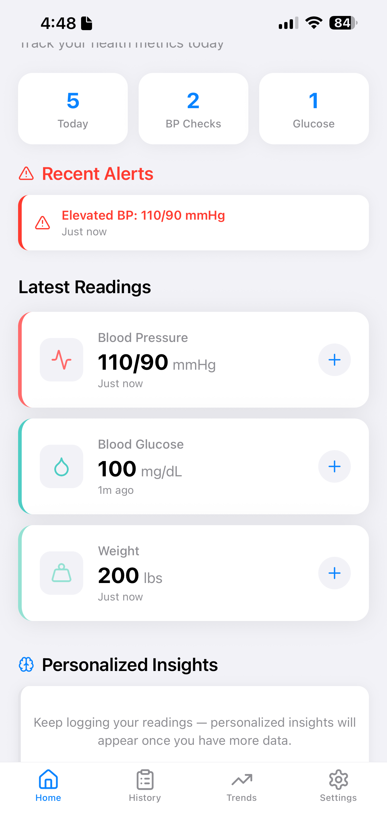 PrevenTab home screen showing today's readings, an elevated blood pressure alert, and latest blood pressure, glucose, and weight logs