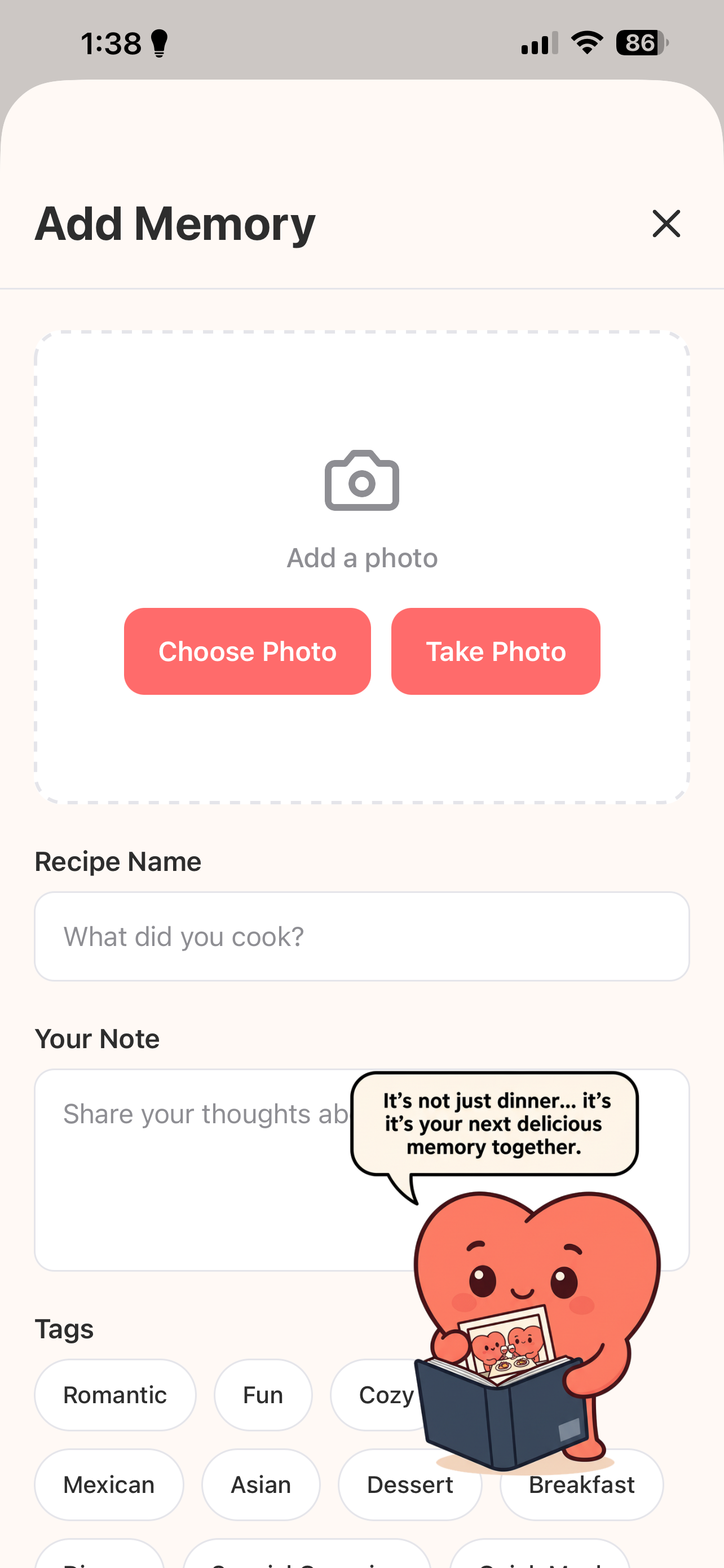 Adding a photo and note to capture a meal memory in SavorUs