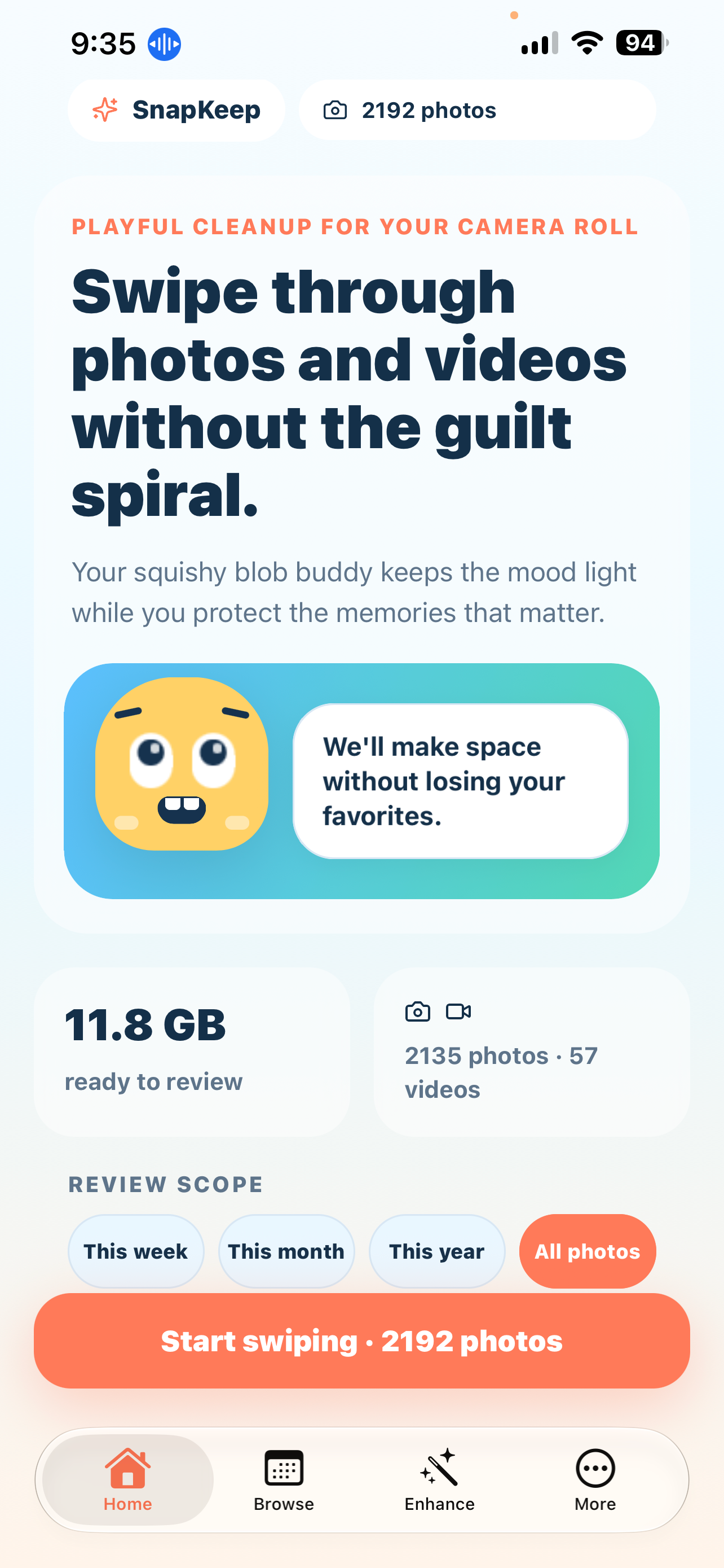 SnapKeep home screen showing gigabytes of iPhone storage ready to clean