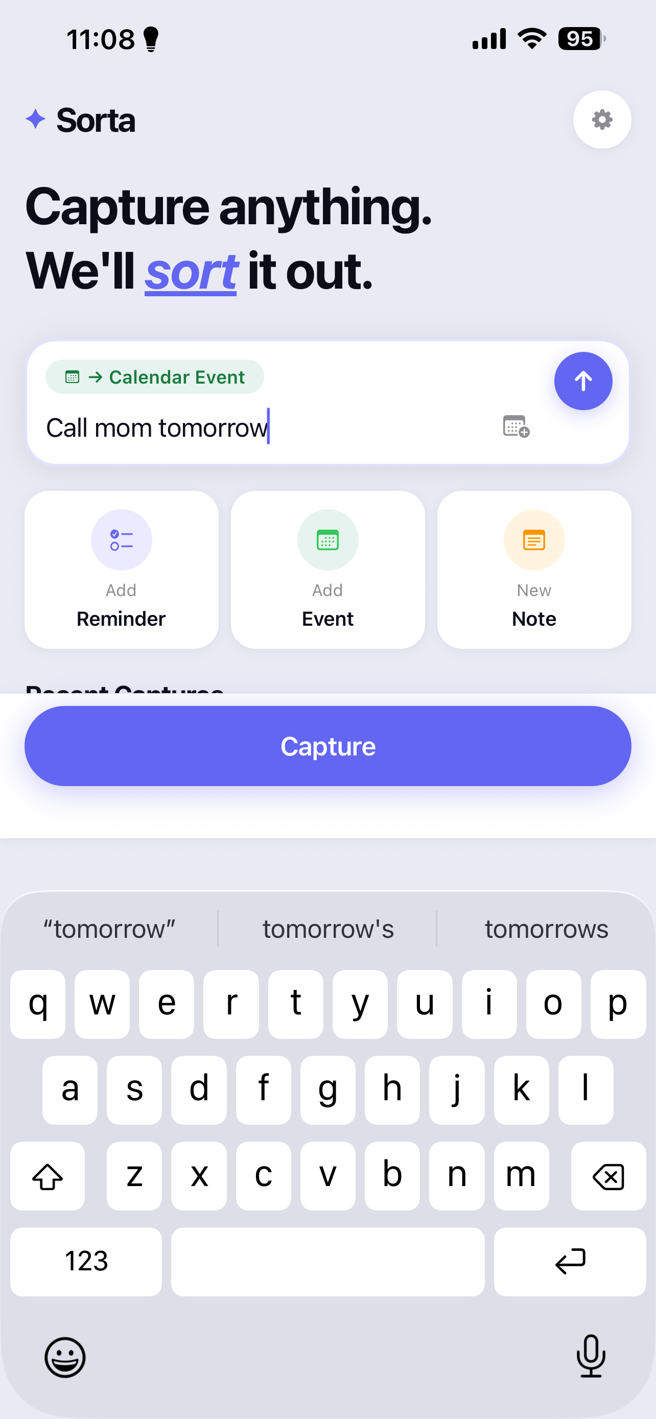 Quick capture in Sorta routing a task to Apple Reminders