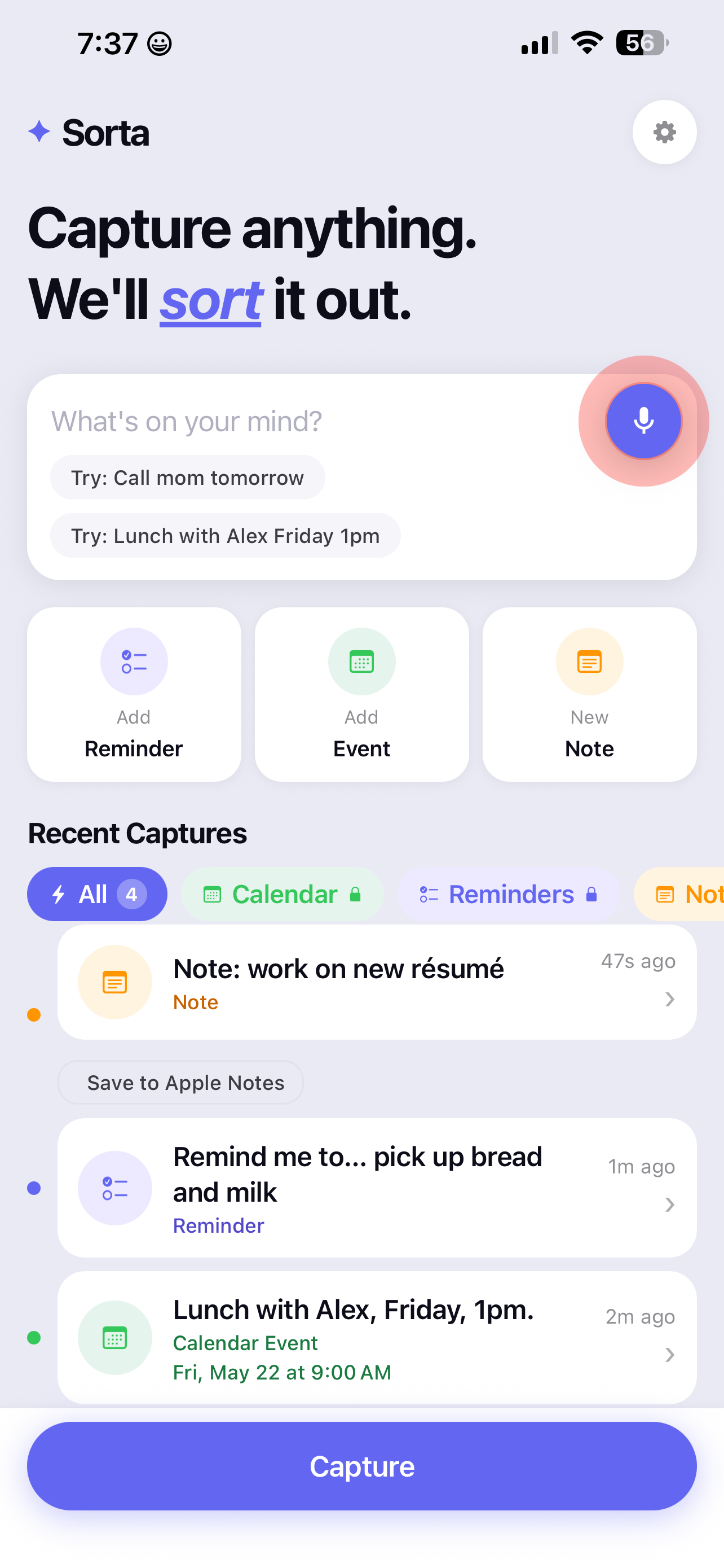 Sorta weekly planner home screen with universal capture bar