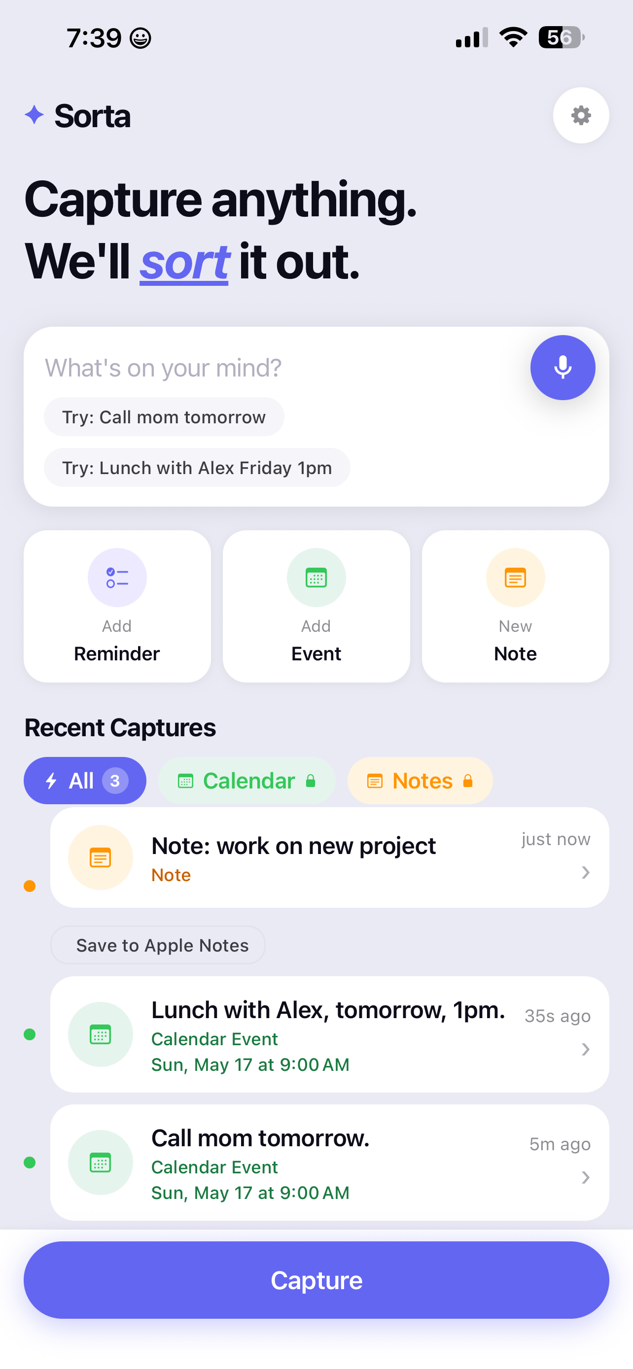Ideas captured to Apple Notes from Sorta