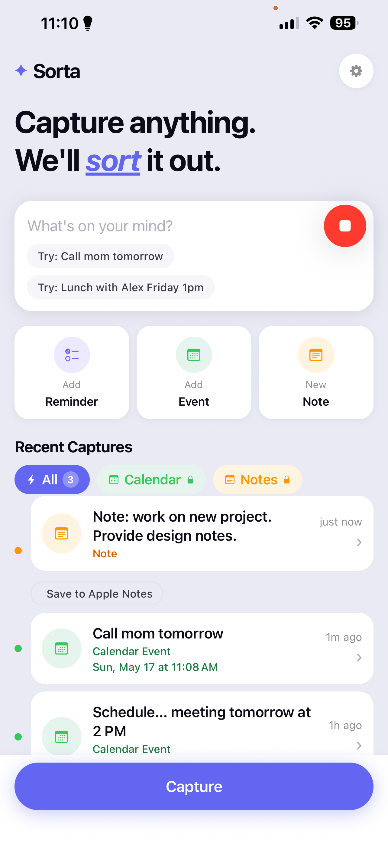 Voice note capture in Sorta ADHD organizer