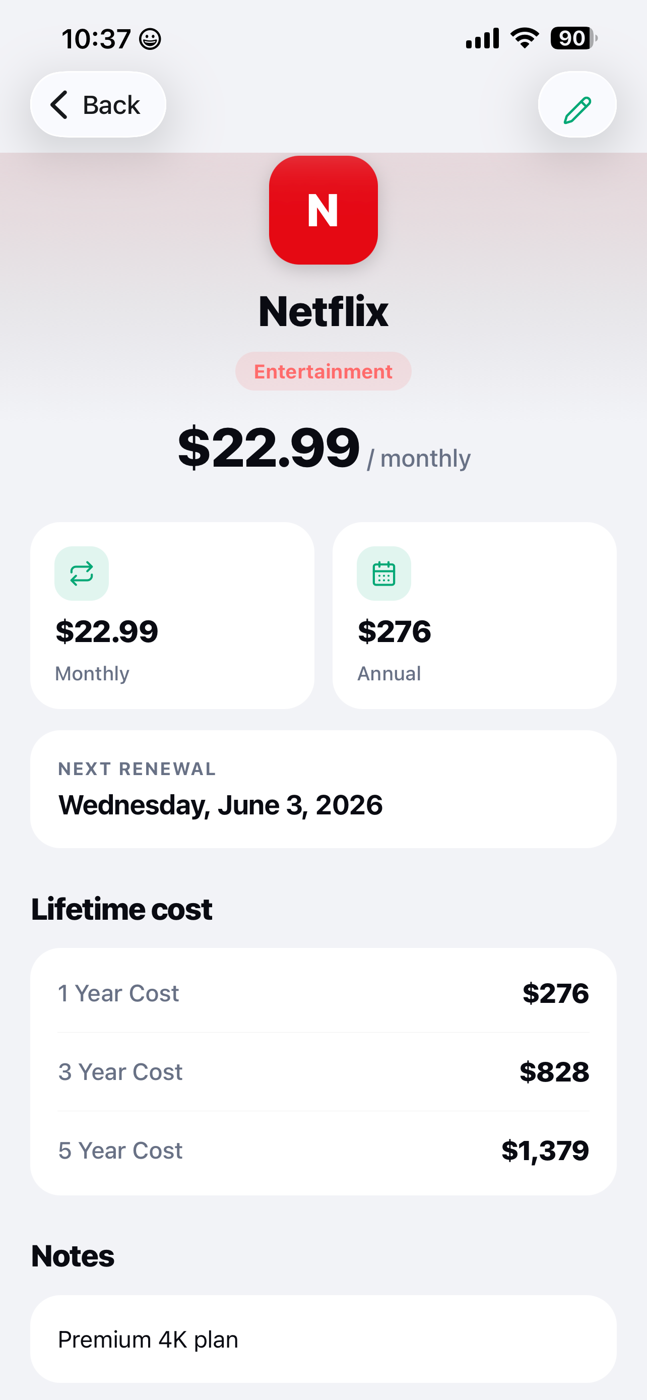 SubView monthly burn rate screen showing total subscription spend