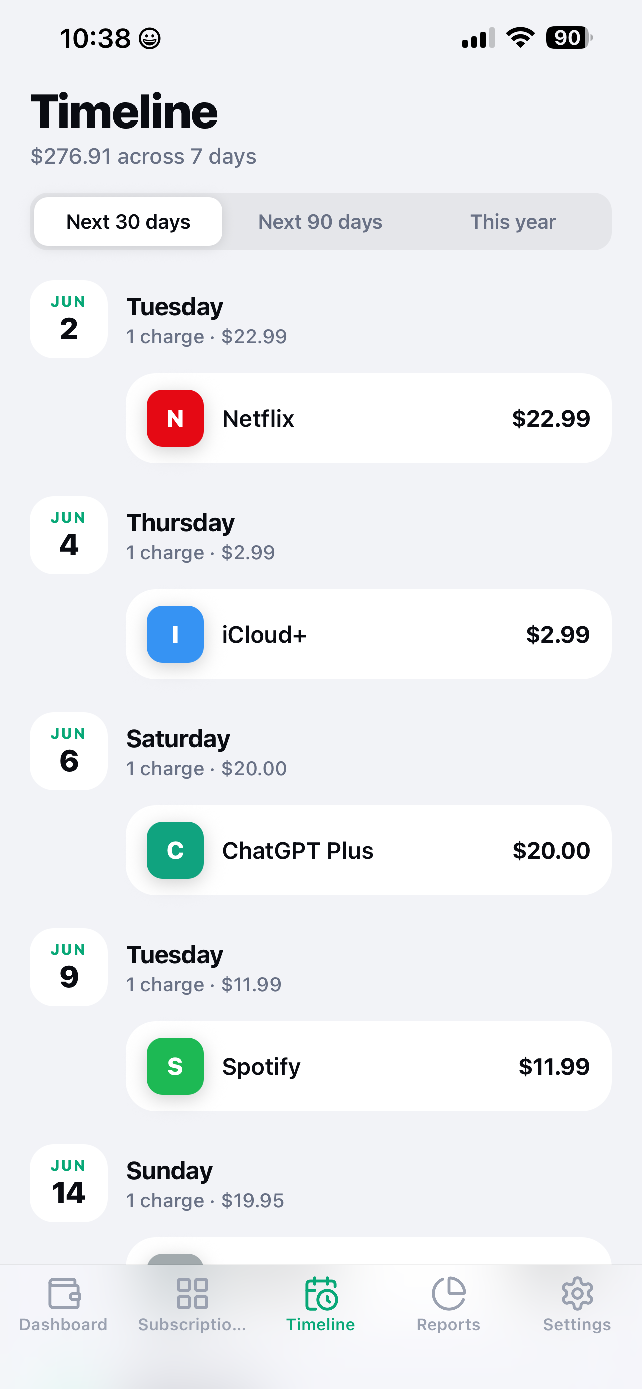 SubView upcoming subscription renewals timeline view