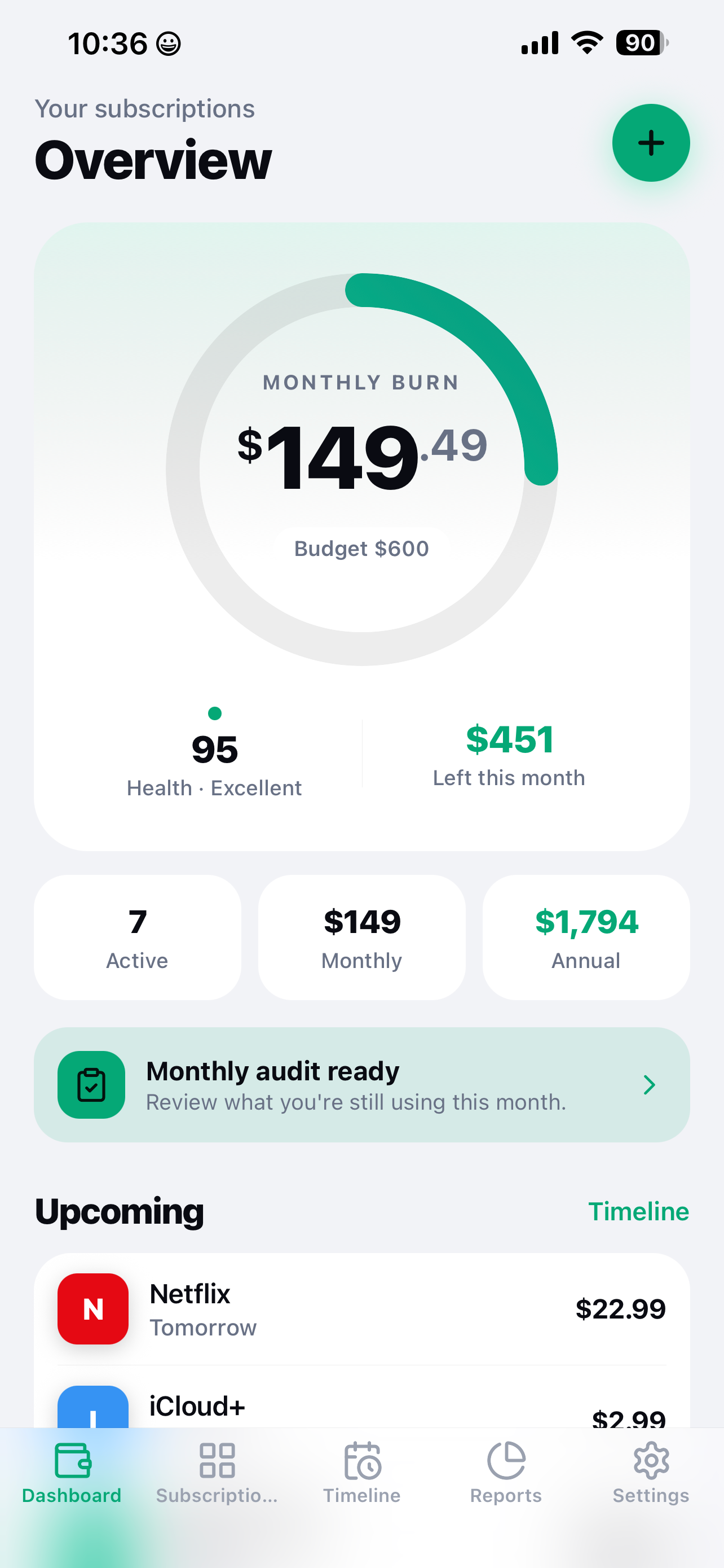 SubView dashboard showing every subscription in one overview