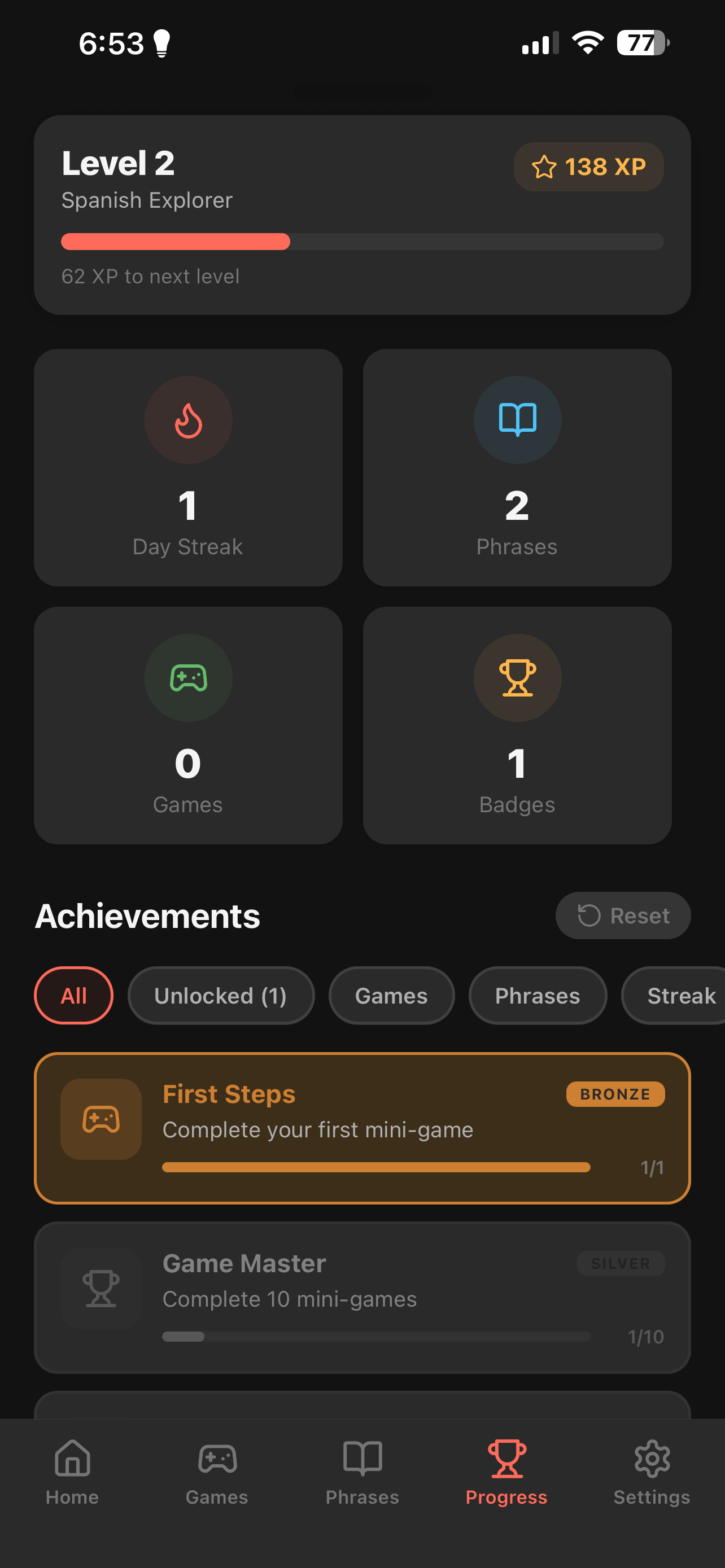Achievements screen unlocking milestones in Travel Spanish Buddy