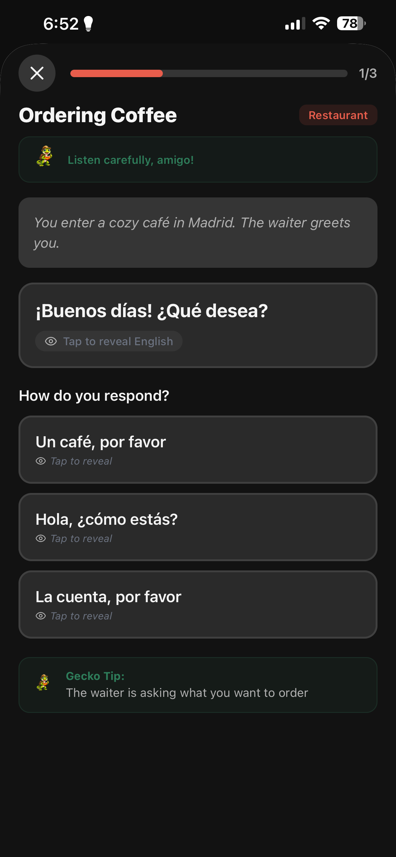 Immersive scenario practicing ordering coffee in Spanish