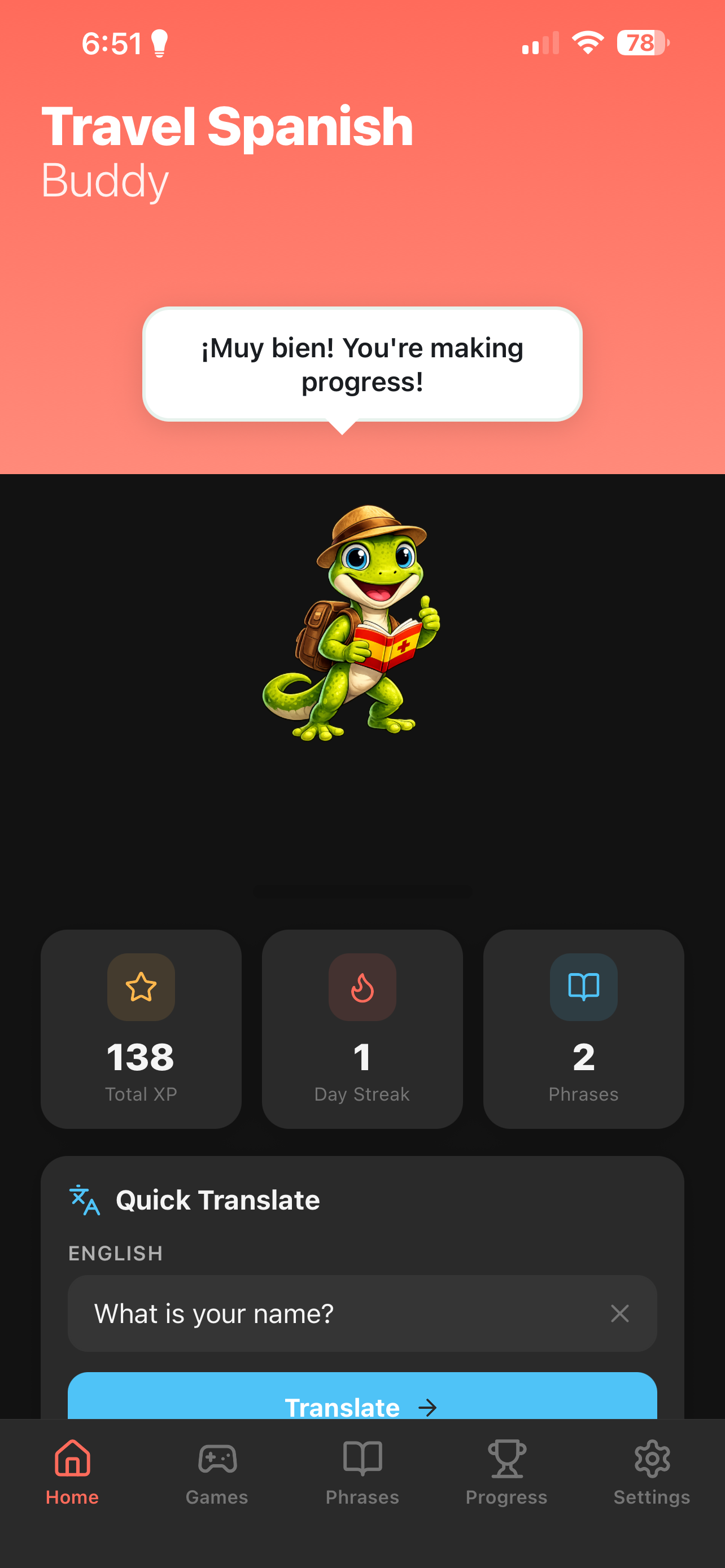 Travel Spanish Buddy home dashboard showing learning progress