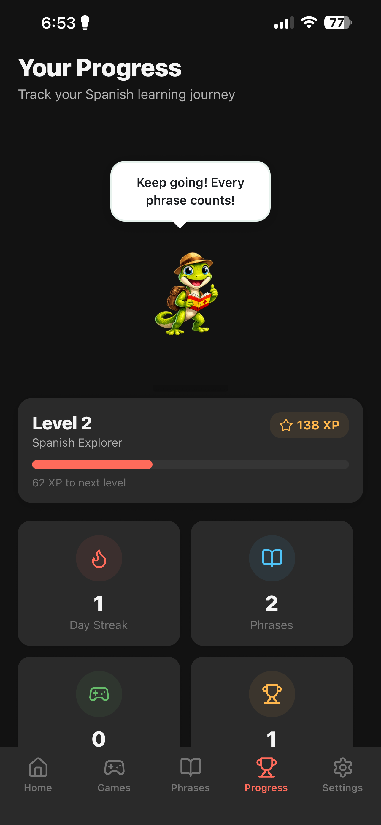 Progress tracker showing Spanish learning statistics
