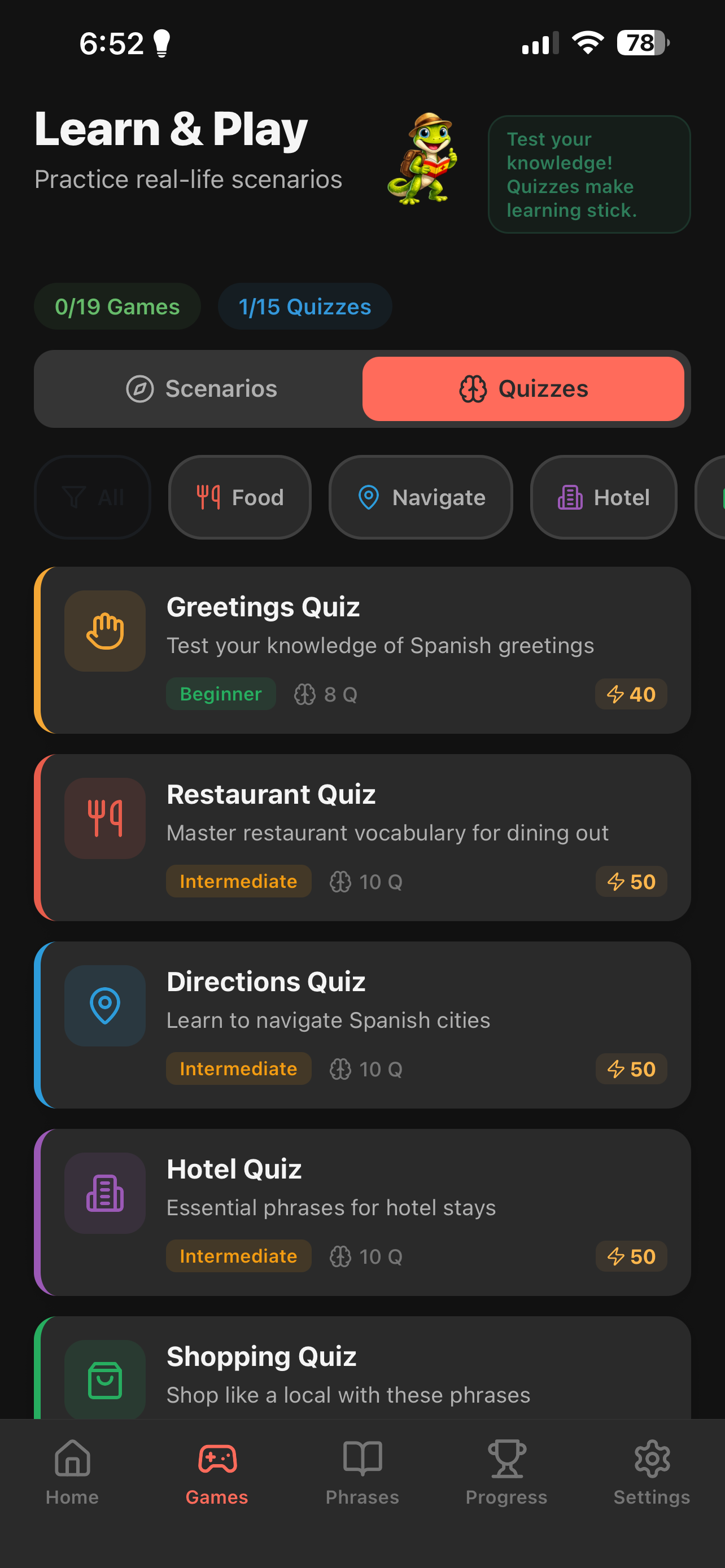 Interactive Spanish vocabulary and grammar quiz
