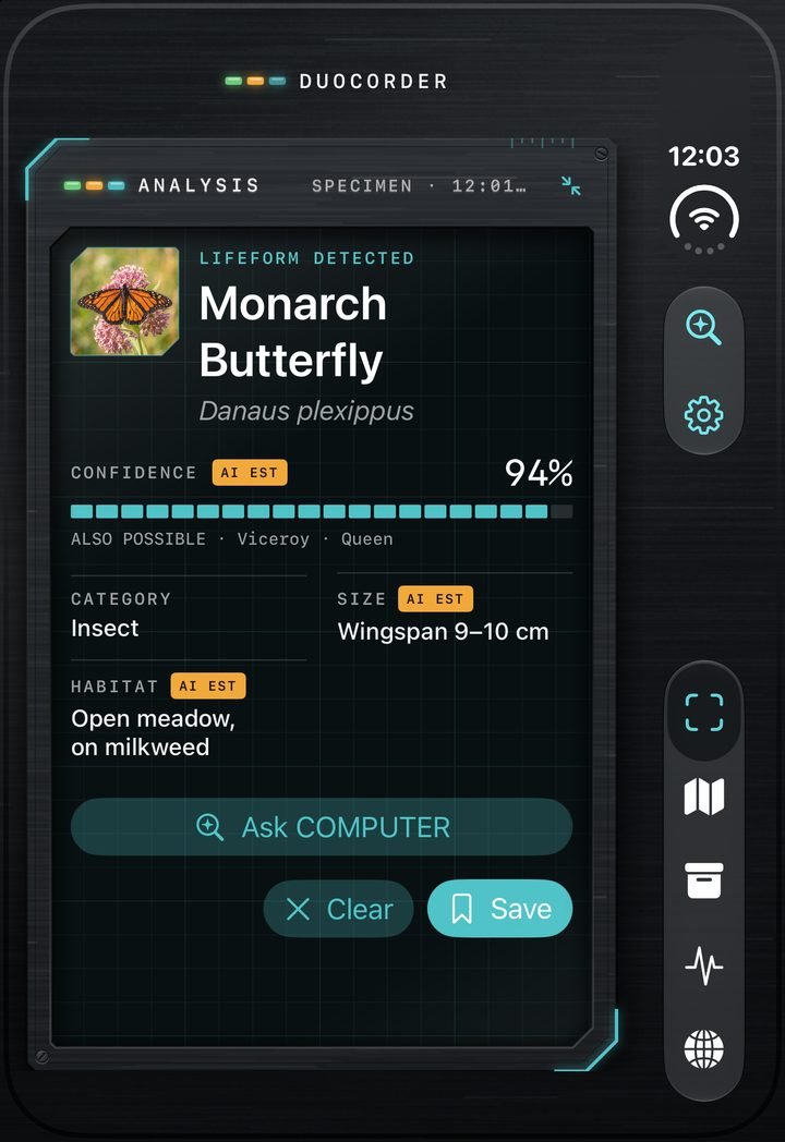 DuoCorder on the closed iPhone Duo cover screen: Lifeform detected, Monarch Butterfly, 94% confidence, with Ask COMPUTER and Save buttons
