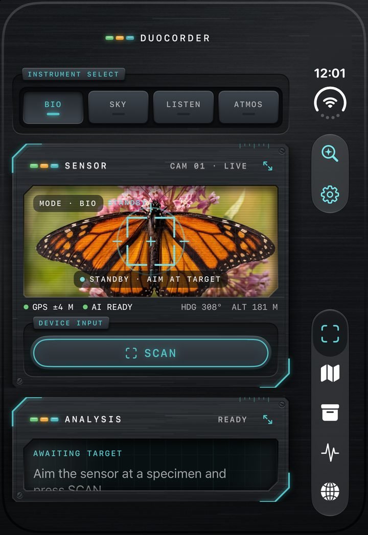 Closed iPhone Duo cover screen: BIO sensor aimed at a monarch butterfly, standby, aim at target