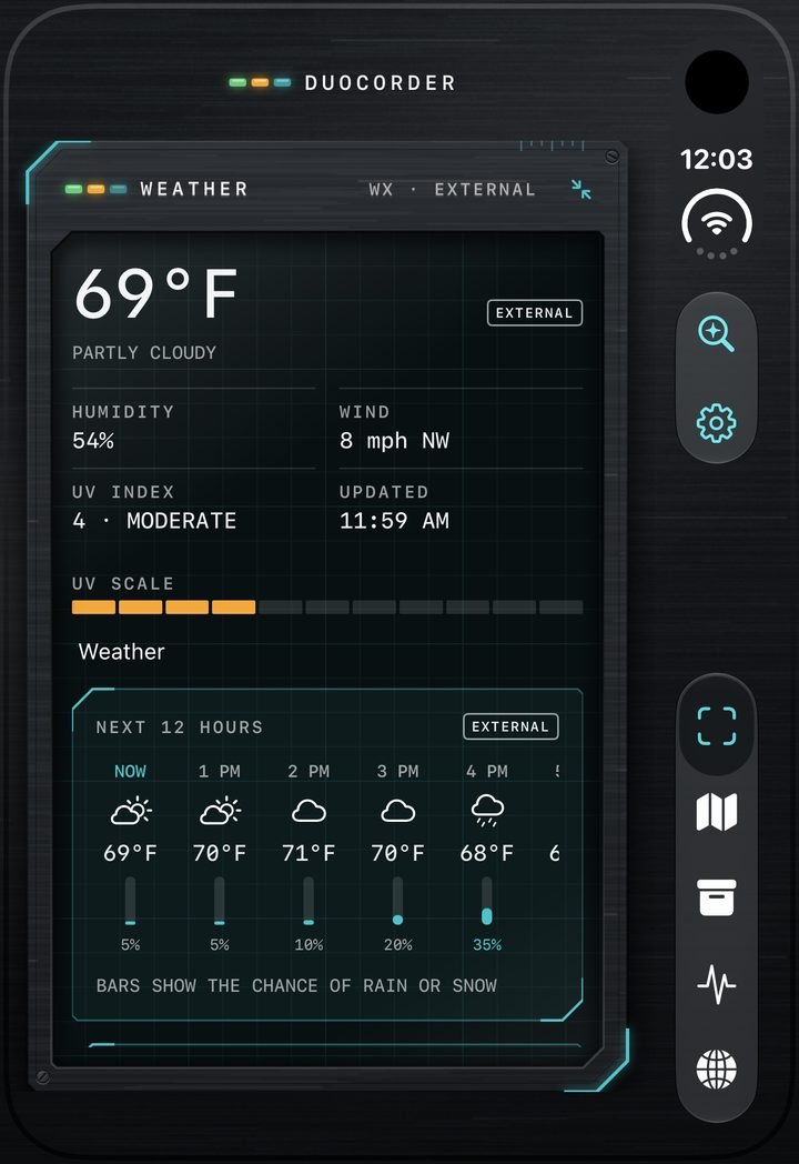 Closed cover screen: ATMOS weather panel showing 69°F partly cloudy, humidity, wind, UV index and a twelve-hour forecast