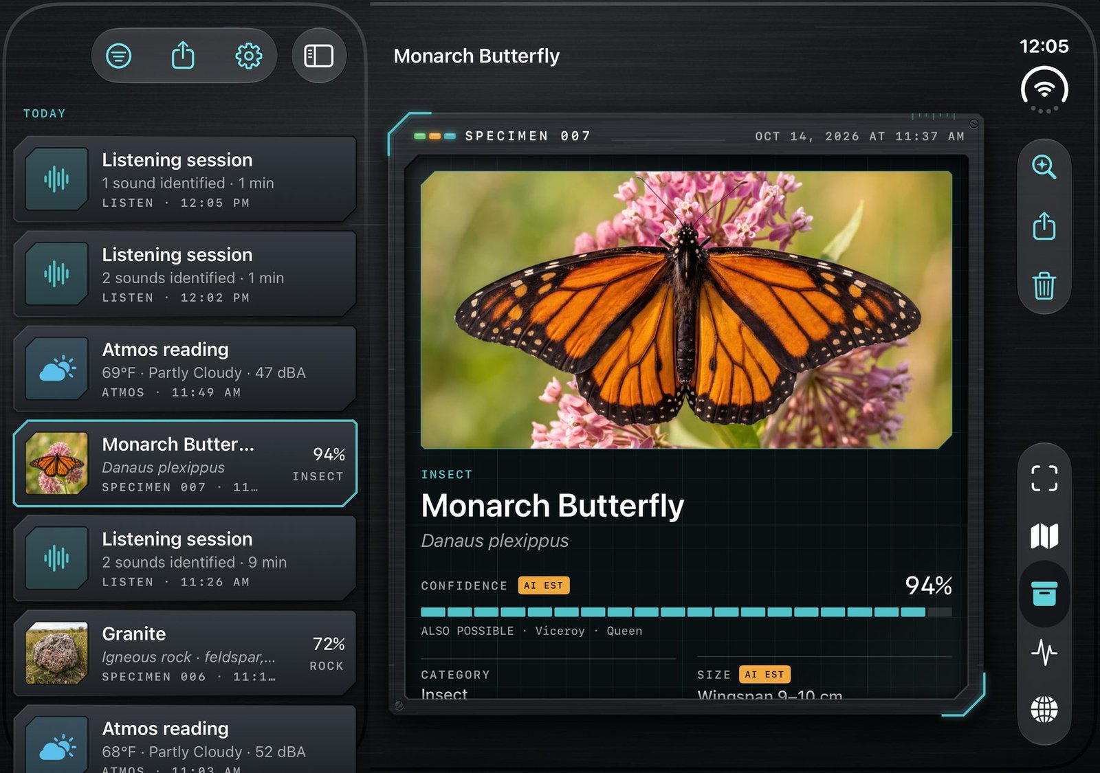 ARCHIVE: a list of listening sessions, atmos readings and specimens beside the Monarch Butterfly specimen record
