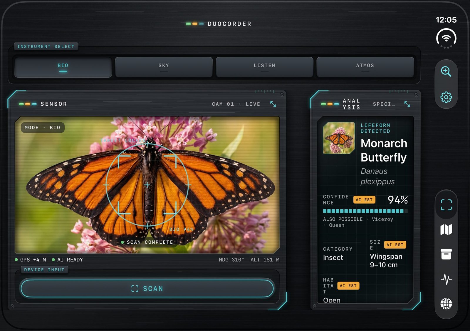 DuoCorder open in landscape on iPhone Duo, identifying a monarch butterfly with 94% confidence
