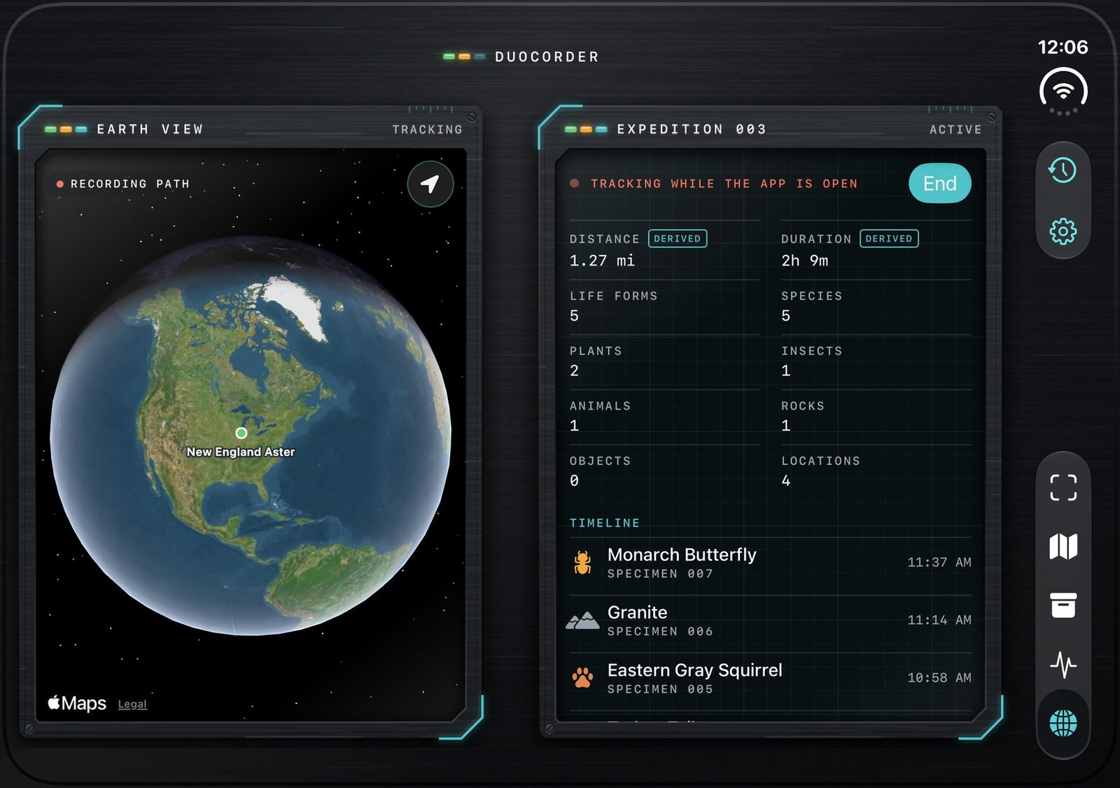 EXPEDITION: Earth View globe with the recording path, beside expedition stats for distance, duration, life forms and species, and a timeline of finds