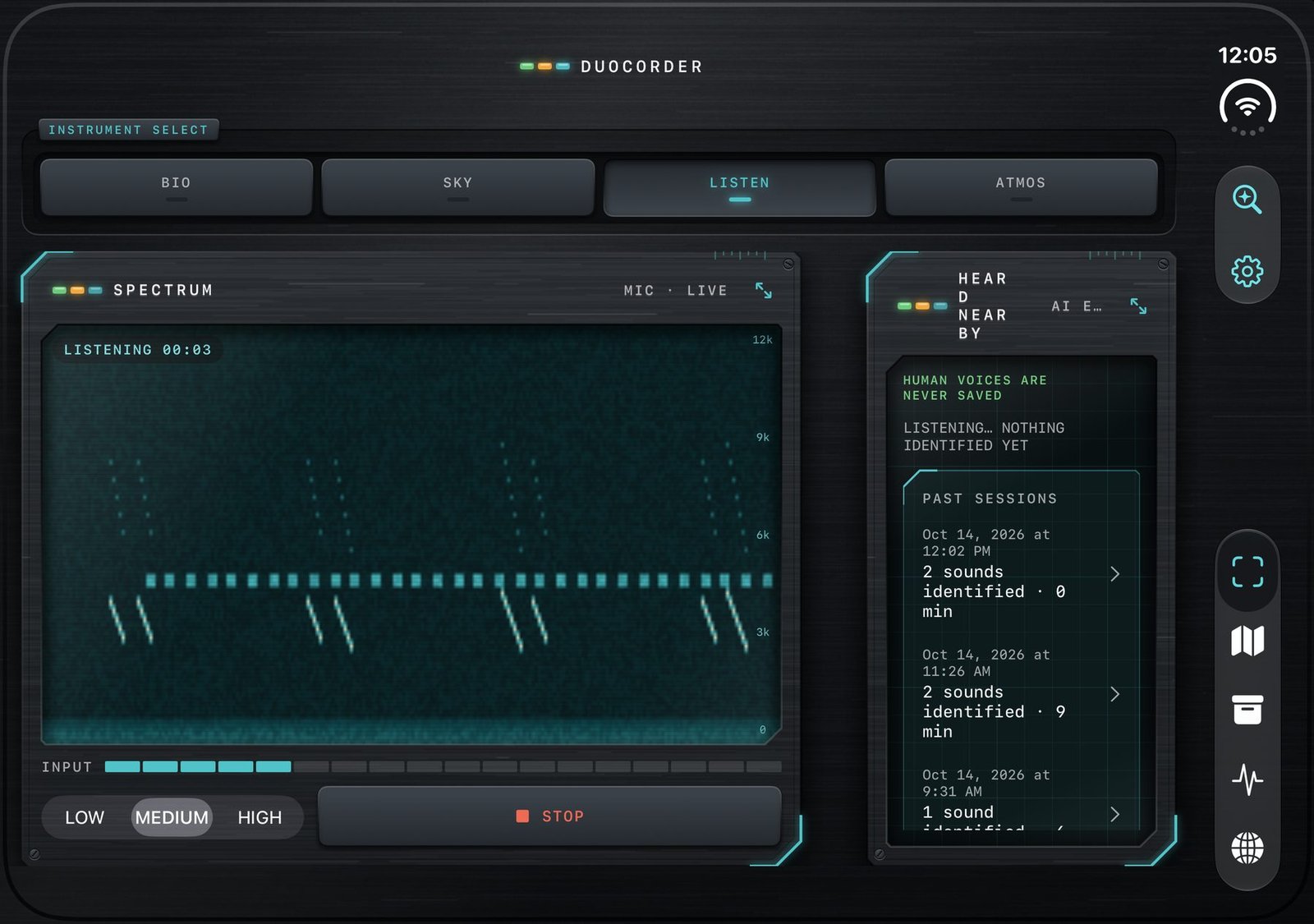 DuoCorder open in landscape: the LISTEN spectrum panel with a live spectrogram and Low, Medium, High sensitivity, beside a Heard Nearby panel noting human voices are never saved
