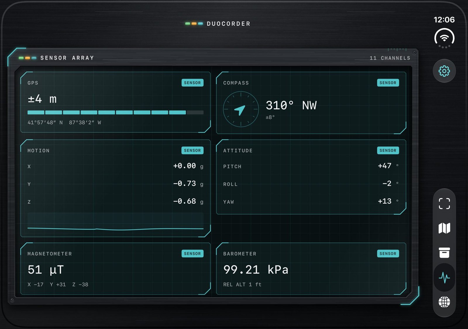 SENSOR ARRAY: GPS accuracy, compass heading, motion, attitude, magnetometer and barometer readings, each tagged SENSOR