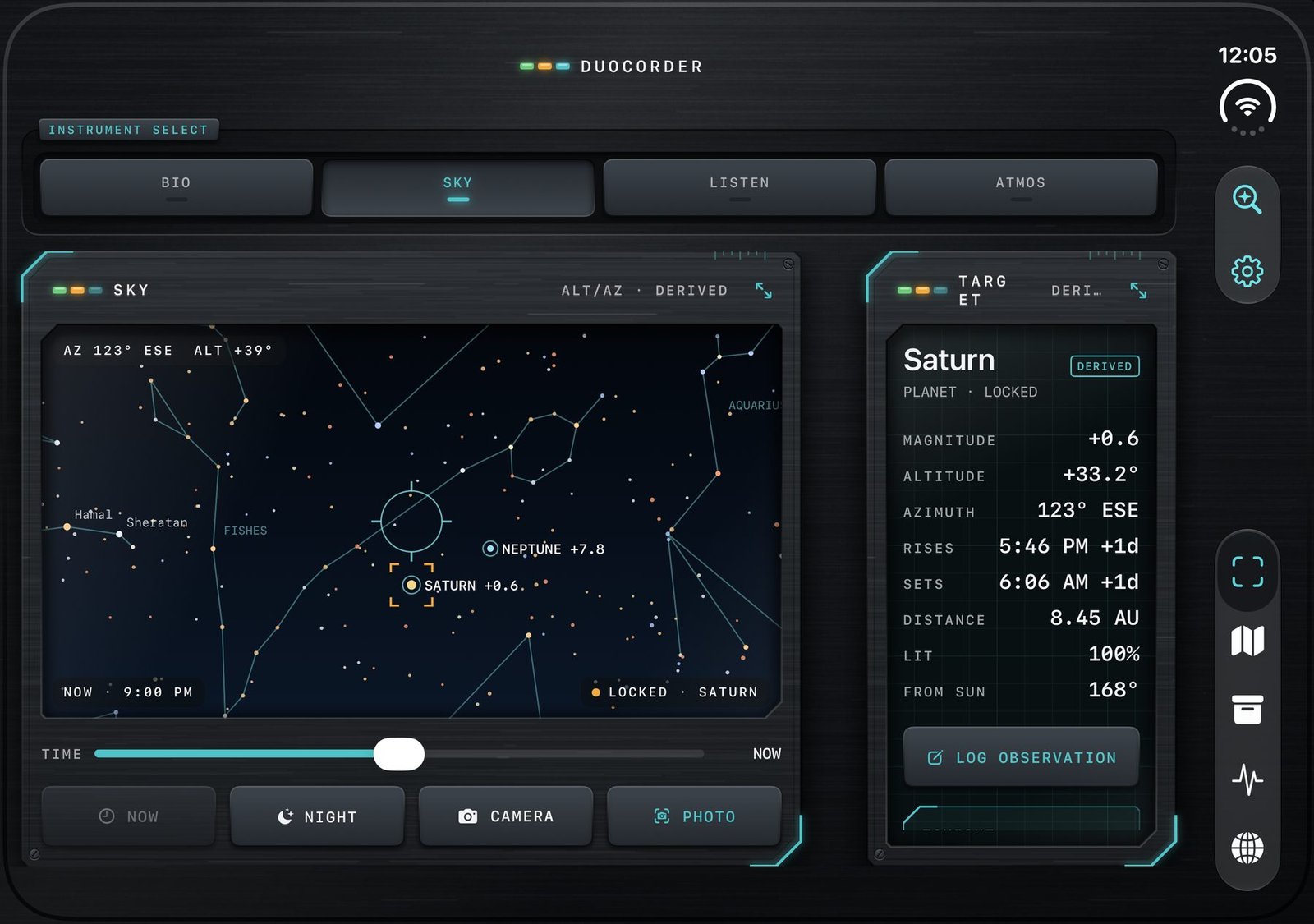 DuoCorder open in landscape on iPhone Duo: the SKY map shows constellations with Saturn locked beside a target panel listing magnitude, altitude, rise and set times