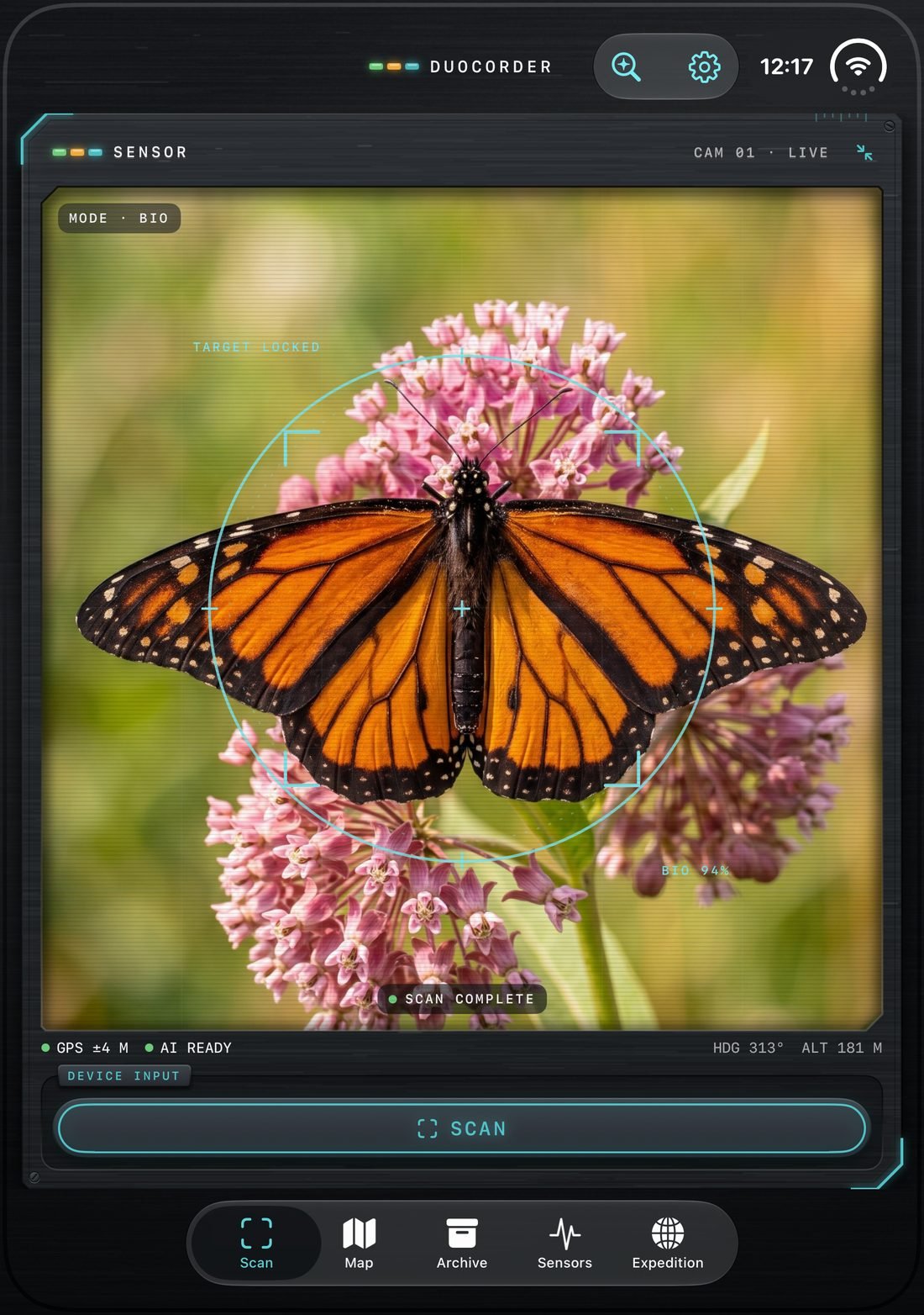DuoCorder open in portrait: a tall camera sensor view of a monarch butterfly with the scan reticle locked