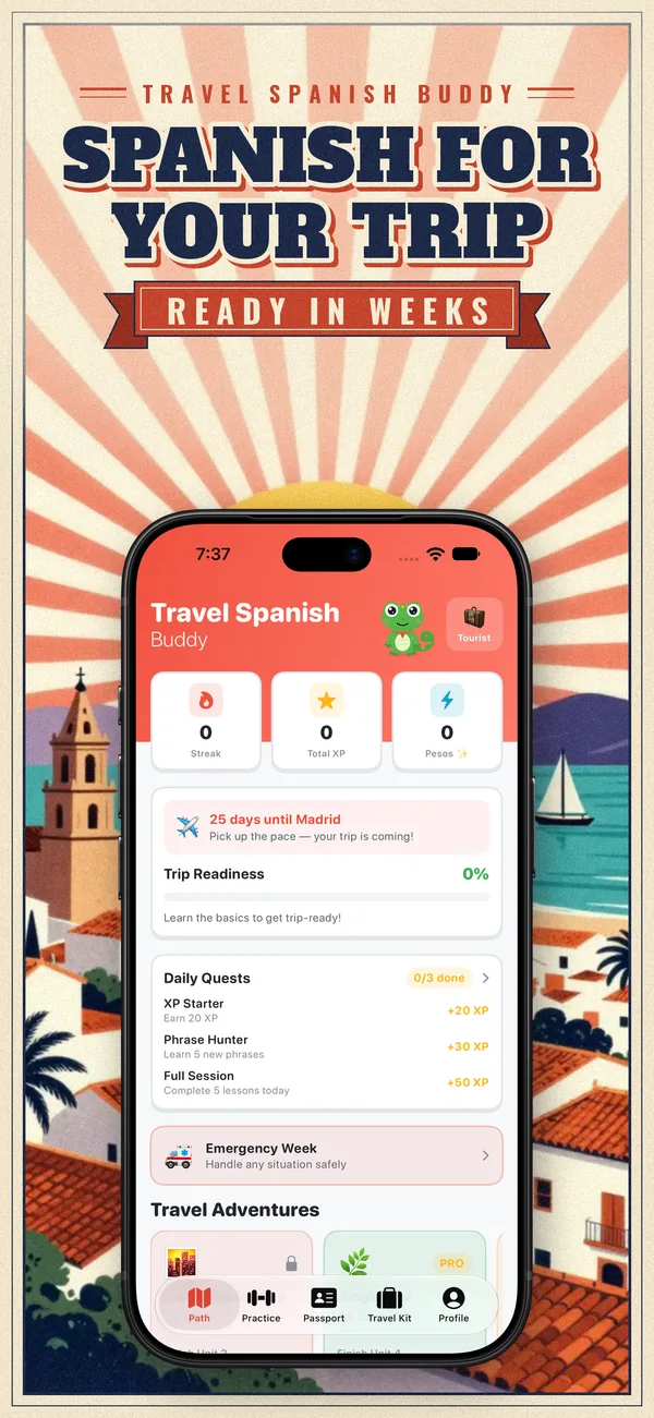 Spanish for your trip, ready in weeks: the app's Learn screen